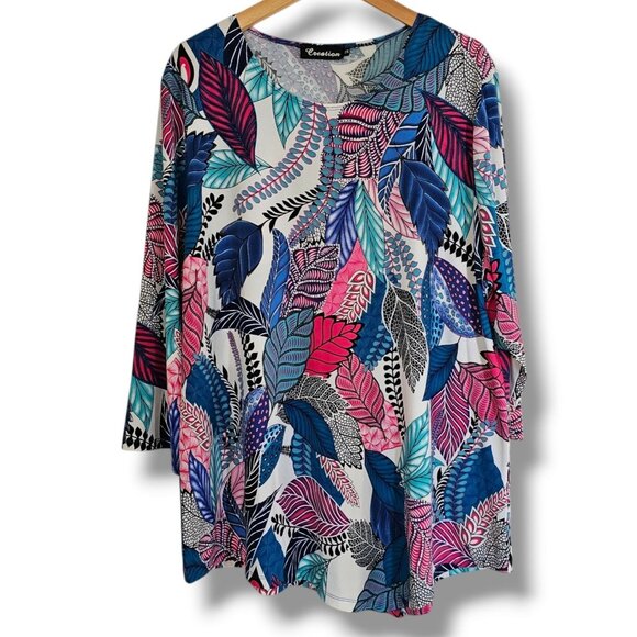 Creation Tunic Top Size 2X Asymmetrical 3/4 Sleeves Vibrant Colorful Leaf Design - Picture 1 of 10